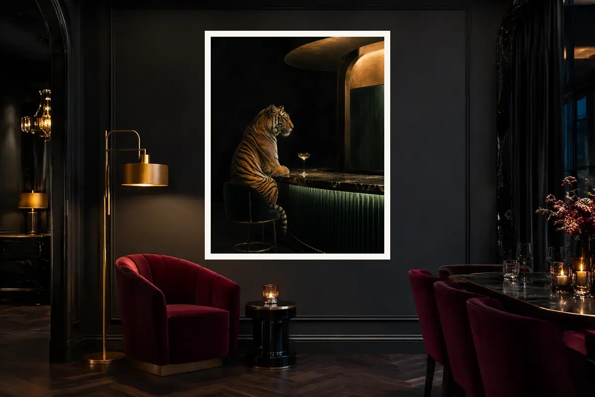 Tiger at the Bar shown in a styled interior